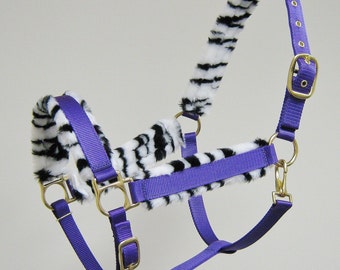Furlined Horse Halter, Padded Horse Halter, Purple Horse Halter, Trimmed Horse Halter, Animal Print Pony Halter, Zebra Material