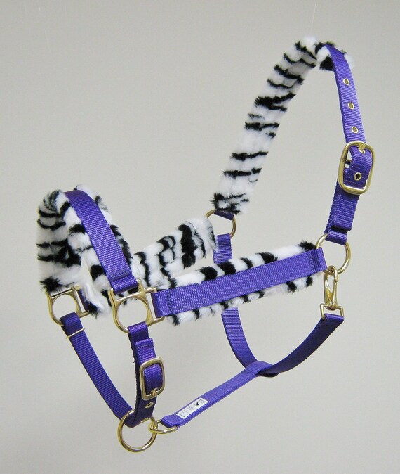 Furlined Horse Halter, Padded Horse Halter, Purple Horse Halter, Trimmed Horse Halter, Animal Print Pony Halter, Zebra Material