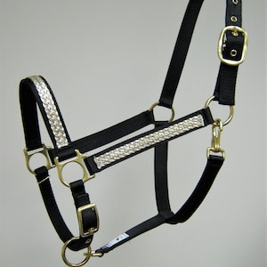 Double Metallic Braid Horse Halter, Gold Silver Braid Mini Horse Halter, Braid Draft Horse Halter, Metallic Braid Leather Crown Horse Halter