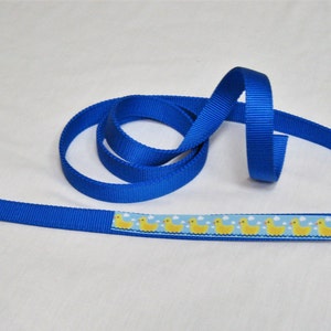 May include: A blue dog leash with a yellow rubber ducky pattern. The leash has a gold metal clip.