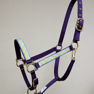 May include: Purple horse halter with a blue and yellow duck pattern. The halter has a gold buckle and rings.