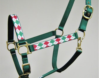 Argyle Christmas Horse Halter, Holiday Draft Halter, Argyle Large Horse Halter,  Breakaway Diamond Design Horse Halter, Custom Pony Halter