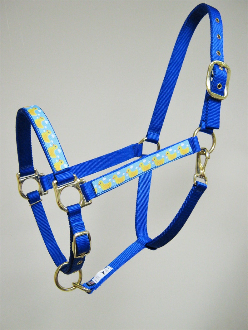 May include: Blue nylon horse halter with a yellow rubber ducky pattern. The halter has a brass buckle and two brass rings.