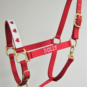 May include: Red nylon horse halter with white hearts and the name "DOLLY" embroidered on the noseband.