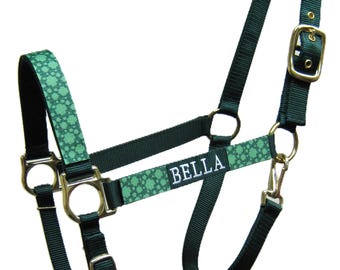 Personalized Plaid Shamrock Horse Halter, Clover Mini Horse Halter, Custom St Patrick's Day Halter
