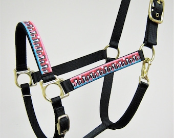 Cat Design Horse Halter, Kitty Cat Draft Halter, Fancy Nylon Large Horse Halter, Cat Arab Halter, Custom Horse Halters