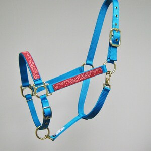 Puede incluir: Un cabezal de caballo turquesa con un patr&oacute;n de bandana rojo. El cabezal tiene una hebilla dorada y dos anillos dorados.