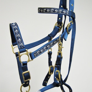Wild Horses Horse Halter Bridle Combination, Horse Halter/Bridle Combo, Halter/Bridle Combination, Navy Horse Halter Bridle Combo