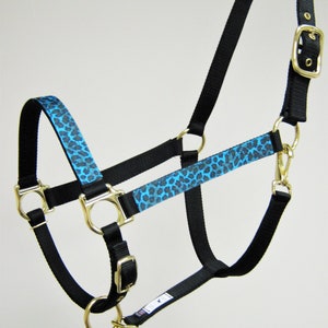 Pode incluir: Um cabresto de cavalo de nylon preto com uma guarni&ccedil;&atilde;o de estampa de leopardo azul e preto. O cabresto tem uma fivela e argolas douradas.