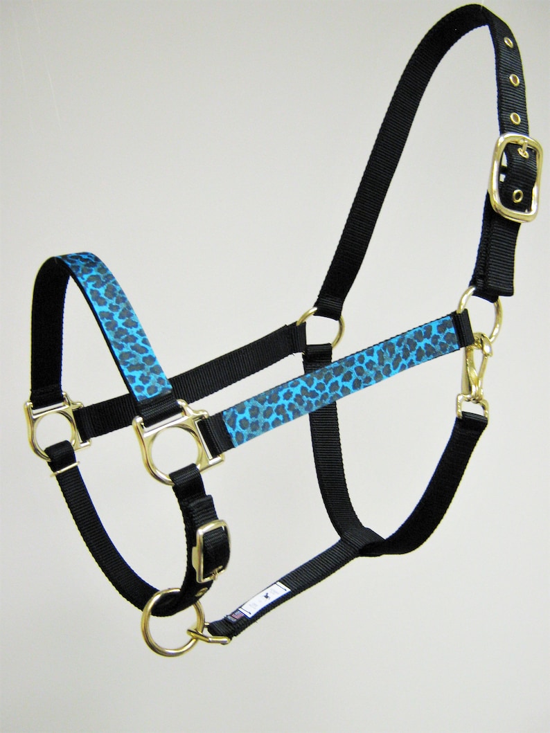 Pode incluir: Um cabresto de cavalo de nylon preto com uma guarni&ccedil;&atilde;o de estampa de leopardo azul e preto. O cabresto tem uma fivela e argolas douradas.