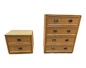 Mid 20th Century Coastal Chic Rattan Dresser & Nightstand