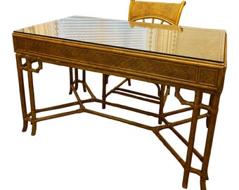Rattan Midcentury British Colonial Campaign Style Desk & Chair Set