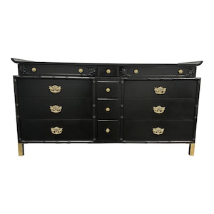 Rare Mid 20th Century Chinoiserie Pagoda Painted Heavy Walnut Dresser