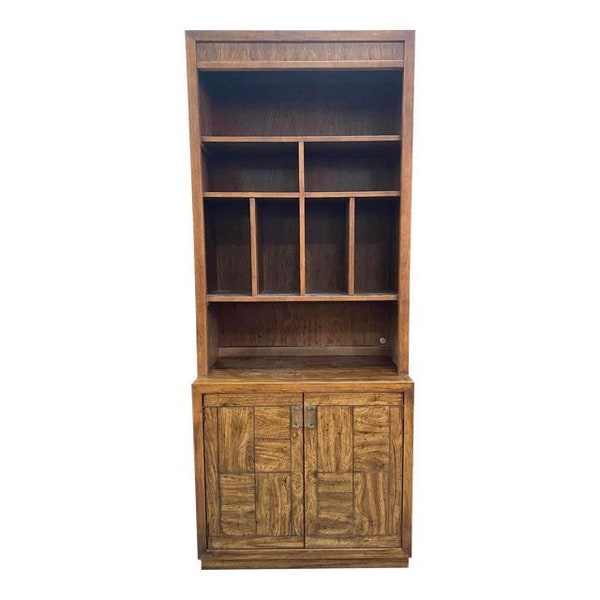 Late 20th Century Campaign Style “Weather Wood” Bookcase Cabinet & Hutch by Drexel Heritage