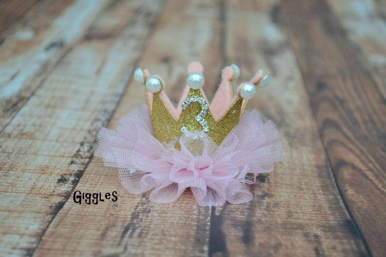 Birthday Glitter Tulle Crown Bow Headband OR Hair Clip 1st 2nd 3rd 4th Birthday Number Tiara Elastic Headband Gold Pink White Pearl