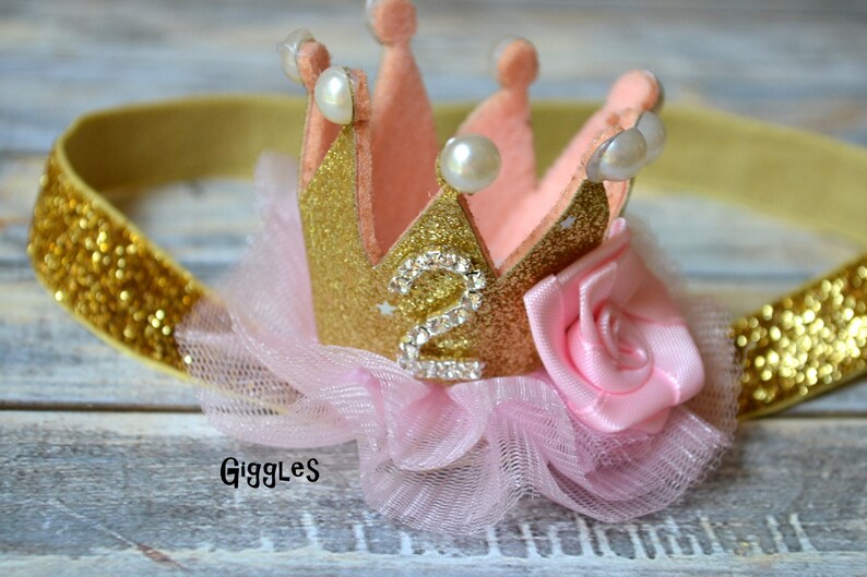 Birthday Glitter Tulle Crown Bow Headband OR Hair Clip 1st 2nd 3rd 4th Birthday Number Tiara Elastic Headband Gold Pink White Pearl