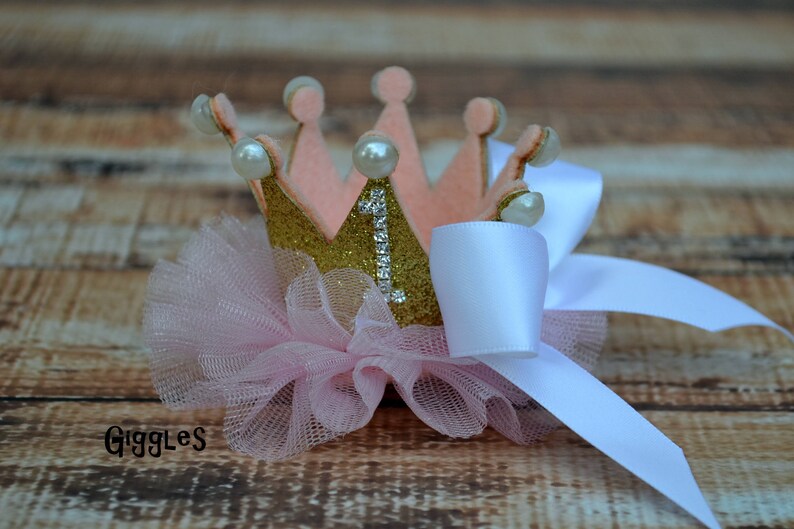 Birthday Glitter Tulle Crown Bow Headband OR Hair Clip 1st 2nd 3rd 4th Birthday Number Tiara Elastic Headband Gold Pink White Pearl