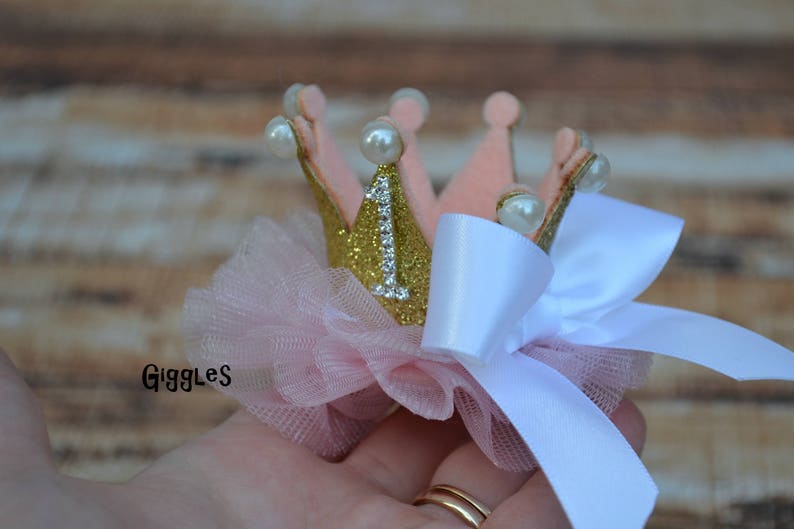 Birthday Glitter Tulle Crown Bow Headband OR Hair Clip 1st 2nd 3rd 4th Birthday Number Tiara Elastic Headband Gold Pink White Pearl