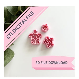 May include: Three pink plastic turtle cookie cutters of different sizes. STL DIGITAL FILE and 3D FILE DOWNLOAD are written on the image.