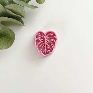 May include: Pink plastic cookie cutter shaped like a monstera leaf.
