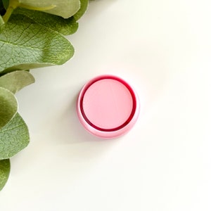 May include: A pink round plastic lid with a slightly raised center. The lid is smooth and has a glossy finish.