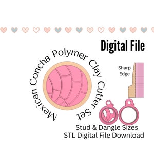 May include: Digital download STL file for a set of polymer clay cutters shaped like a Mexican concha bread. The set includes a large cutter for making the full concha and two smaller cutters for making stud and dangle earrings.