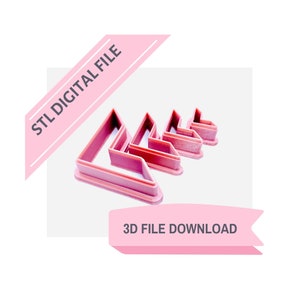 Könnte beinhalten: Rosa geometrische Keksformen aus Kunststoff in Dreiecksform, in einer Reihe angeordnet. Das Bild enthält den Text "STL DIGITAL FILE" und "3D FILE DOWNLOAD" auf rosa Bannern.