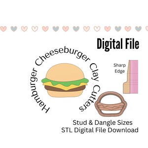 May include: Digital file download for a 3D printable cheeseburger clay cutter. The cutter is designed with a sharp edge for clean cuts. The image includes a graphic of the cutter and a cheeseburger.
