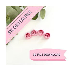 May include: Four pink plastic cookie cutters shaped like a seashell, a starfish, and two different seashells. The text "STL DIGITAL FILE" and "3D FILE DOWNLOAD" are on pink banners.