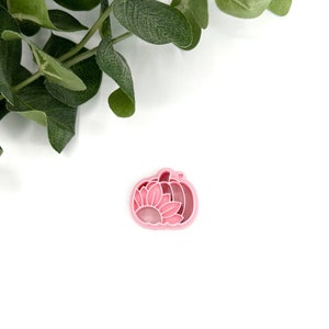 May include: A pink plastic cookie cutter shaped like a pumpkin with a sunflower design.