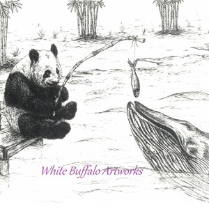 Panda and Whale Drawing, Black and White Art Print, A4, Animal Art