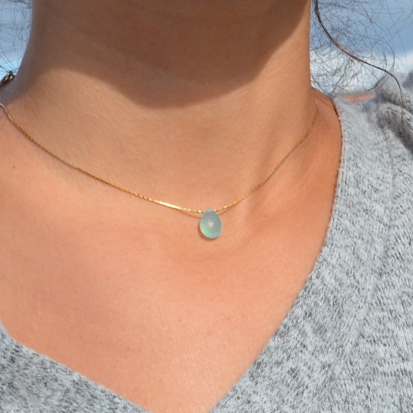 Collier goutte ultra fin pierre semi précieuse aqua calcedoine argent 925 vermeil rose personnalisable