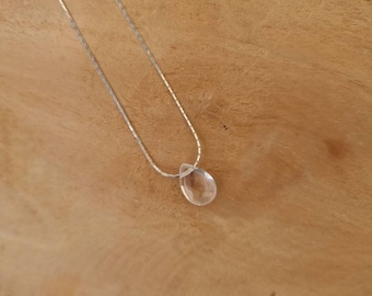 Necklace drop ultra fine drop flat stone semi precious quartz rose rock crystal silver 925 customizable pink vermeil