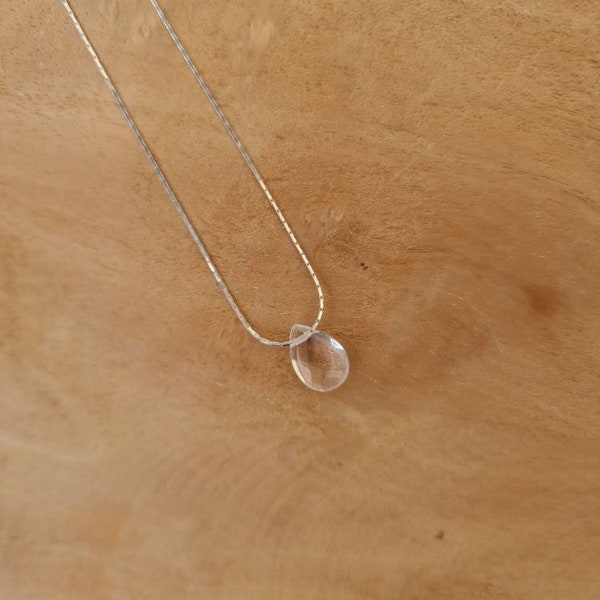 Collier goutte ultra fin goutte plate pierre semi précieuse quartz rose cristal de roche argent 925 vermeil rose personnalisable