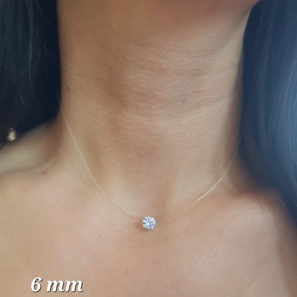 Collier invisible minimaliste transparent nylon zirconium diamant solitaire brillant finition argent 925 personnalisé sur mesure