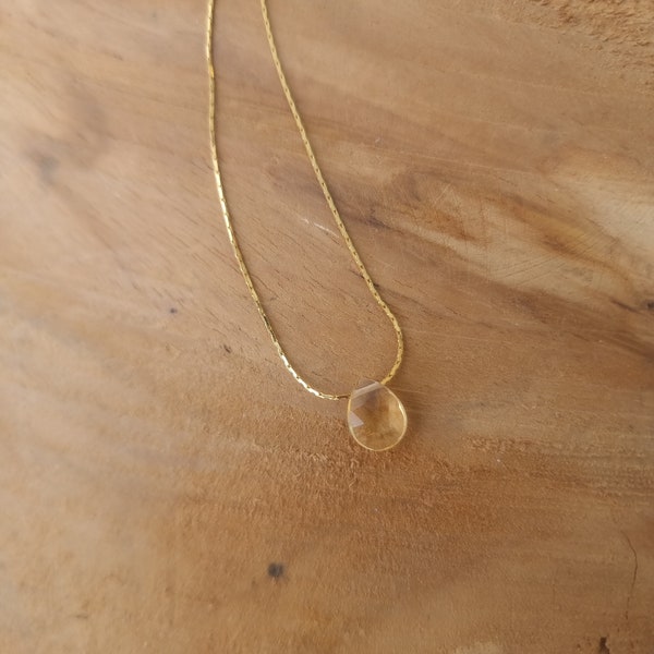 Collier minimaliste goutte plate citrine pierre gemme naturelle argent or rose pierre de naissance Novembre