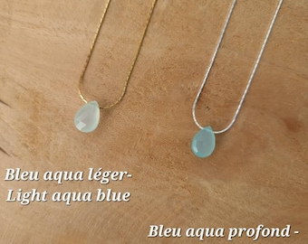 Necklace drop ultra fine flat drop stone semi precious chalcedony blue aqua silver 925 customizable pink vermeil