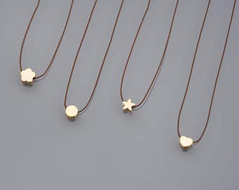 Minimalist choker necklace in brown silk thread - Mini heart, star, clover, round puck pendant - 14K gold plated and gold filled ZOUX055