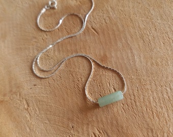 Collier minimaliste chaine serpentine et barre hotizontale pierre verte aventurine argent 925