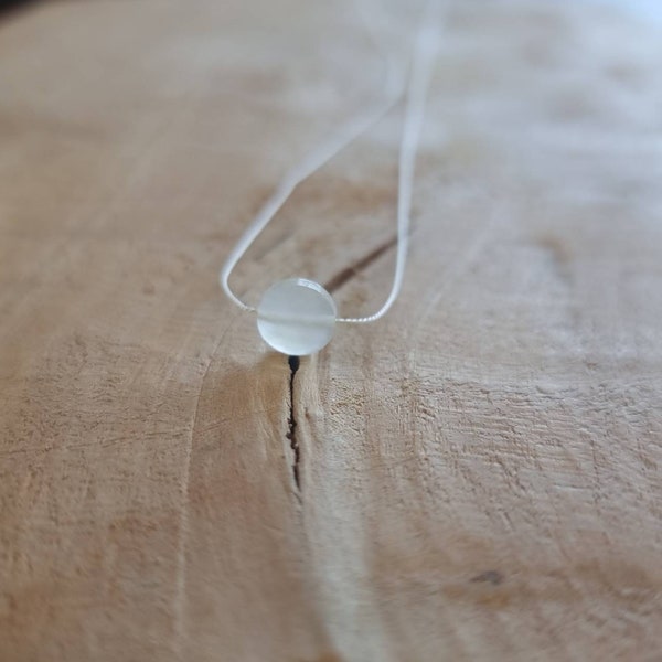 Minimalist choker necklace in white silk thread - White moonstone faceted puck pendant - 925 solid silver