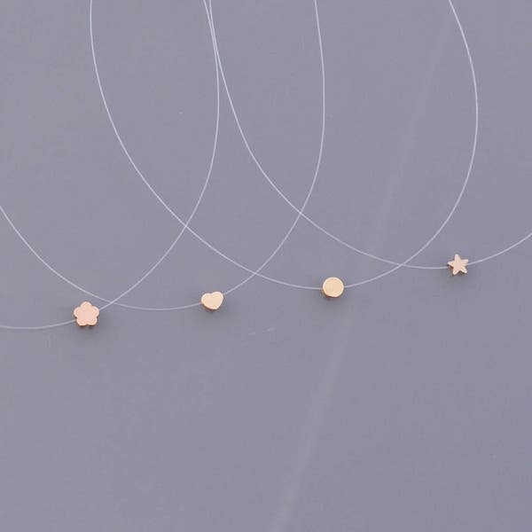 Minimalist choker necklace - Transparent fishing line - Mini Star, Flower, Heart, Palet in gold plated and gold filled 14 k nylon ZOUX054