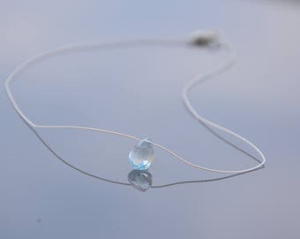 Collier ras de cou fil soie blanc Pendentif calcédoine aigue marine facettée semi précieuse forme poire Argent massif 925