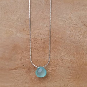 Minimalist flat drop necklace aqua chalcedony stone silver 925 rose gold plated customizable