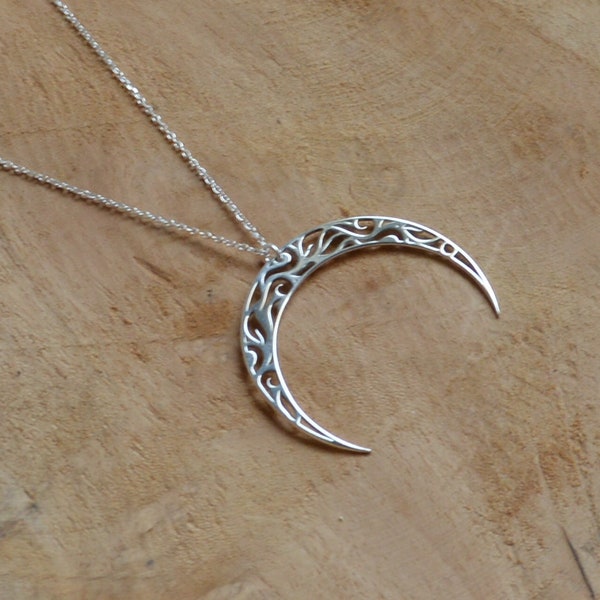 Collier bohème lune corne ajourée argent 925 arabesque