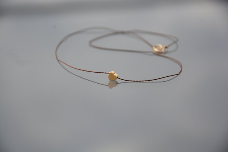 Gold plated and gold filled 14K ZOUX055 star clover round puck Mini pendant heart Minimalist neck collar in brown silk thread