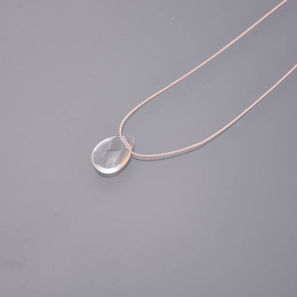 Collier ras de cou minimaliste fil de soie vieux rose - Pendentif goutte semi précieuse cristal de roche transparent Gold filled 14k ZOUX161