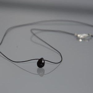 Minimalist black braided silk thread choker necklace - Small faceted briolette black spinnel stone pendant - Solid 925 silver