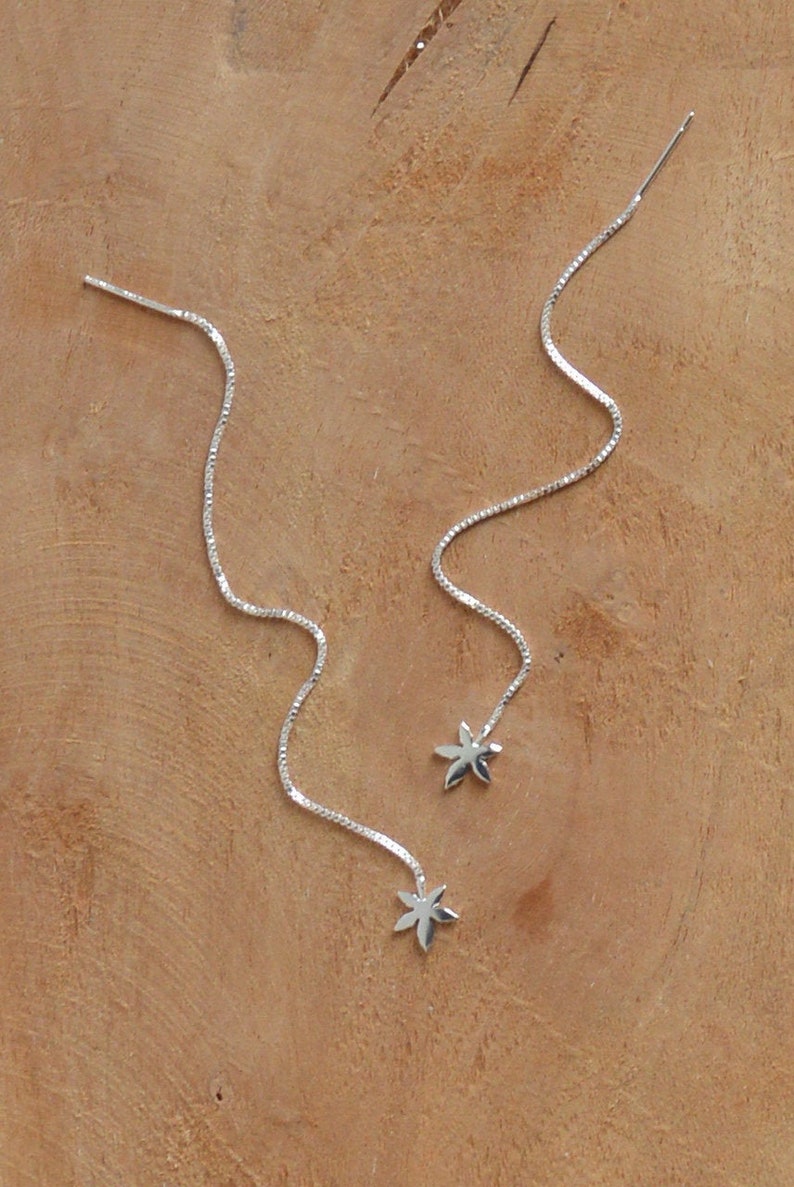 Minimalist long earrings leaf silver maple gincko 925