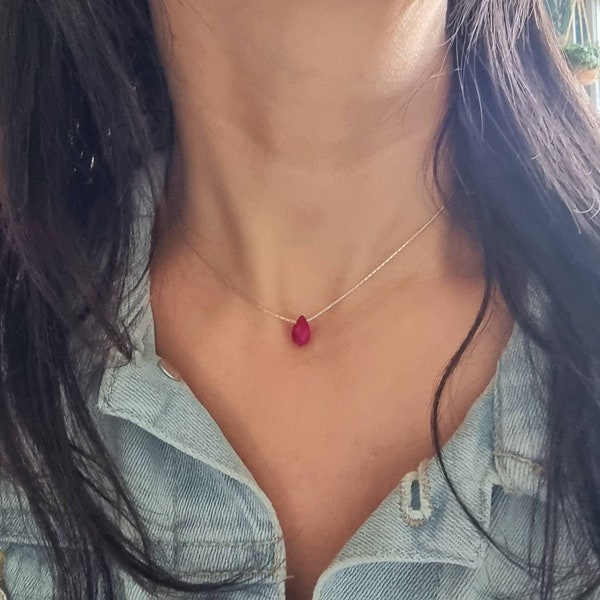 Collier minimaliste goutte agate rouge rose fushia argent 925 vermeil rose personnalisable Noël