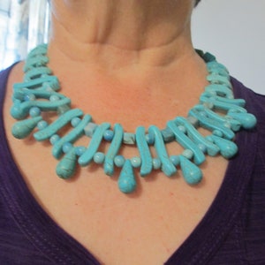 Blue Turquoise Bibb Necklace- Multi shaped Beaded Necklace - Adj. 18&quot; to 24&#39; -Turquoise colored  Howlite gemstones -One of a Kind